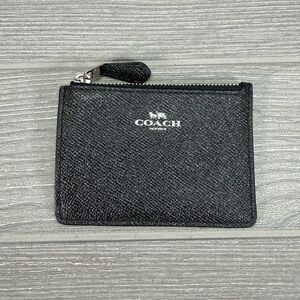 COACH Slim ID Card Wallet Zipper Pouch Keyring Small Black Pebbled Leather